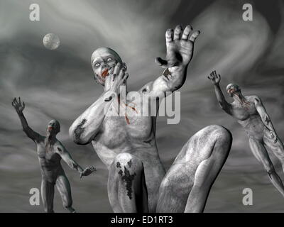 Drei Zombies bedeckt mit Blut zu bewegen in der grauen stürmischen Nacht bei Vollmond Stockfoto
