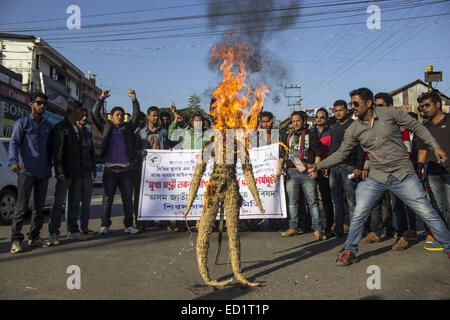 Sivasagar, Assam, Indien. 24. Dezember 2014. Indien, SIVASAGAR: Aktivisten der Asom Jatiyatabadi Yuba Charta Parishad (AJYCP) brennen das Bildnis von Assam Ministerpräsident Tarun Gogoi aus Protest gegen Angriffe auf die Dorfbewohner von militanten an vier verschiedenen Orten im Sivasagar Viertel der nordöstliche Assam Zustand am 24. Dezember 2014. Stockfoto