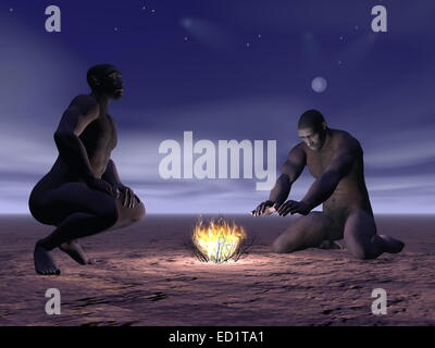 Zwei Männer der Homo Erectus rund um ein kleines Feuer bei Nacht Stockfoto