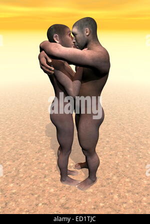 Einige männliche und weibliche Homo Erectus umarmen in der Wüste Stockfoto