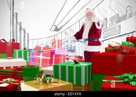 Zusammengesetztes Bild von Santa, die Geschenke aus dem Warenkorb zu liefern Stockfoto