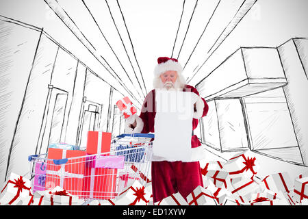 Zusammengesetztes Bild von Santa, die Geschenke aus dem Warenkorb zu liefern Stockfoto