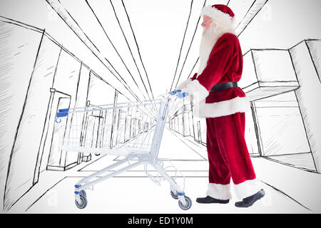 Zusammengesetztes Bild von Santa schiebt einen Einkaufswagen Stockfoto