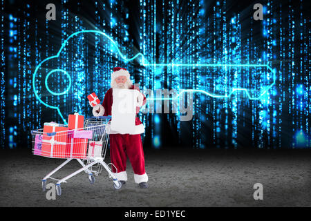 Zusammengesetztes Bild von Santa, die Geschenke aus dem Warenkorb zu liefern Stockfoto