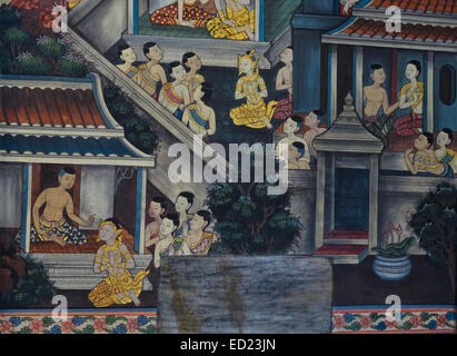 Detail der Wandmalereien, liegenden Buddha im Wat Pho, buddhistischer Tempel im Bezirk Phra Nakhon, Bangkok, Thailand. Südost-Asien Stockfoto