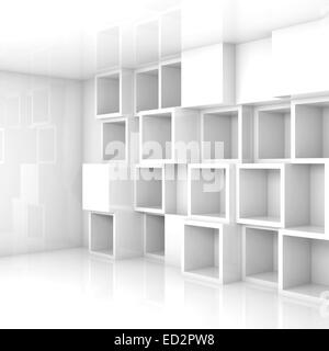 Abstrakte leere 3d Interieur mit white Cube Regale an der Wand Stockfoto