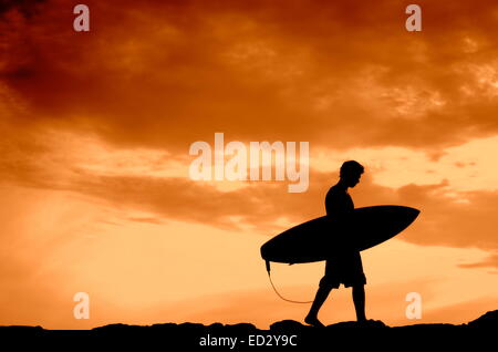 Silhouette der ein Surfer mit seinem Brett bei Sonnenuntergang Stockfoto