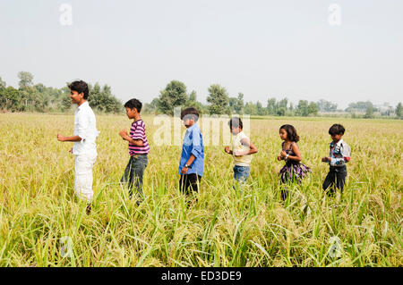 Genießen Sie indische ländlichen Gruppe Kinder Bauernhof Stockfoto