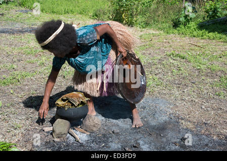 Melanesien, Papua Neu Guinea, Dobutamin Insel. Dorf-Frau in Grass Rock mit typischen Keramik Topf kochen über offenem Feuer kochen Stockfoto