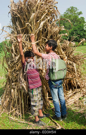 2 indische ländlichen Kinder Schüler Spaß auf dem Bauernhof Stockfoto