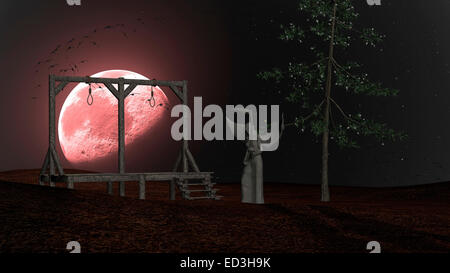 Engel des Todes - gruselige Hintergrund mit Galgen und Krähen in der Nacht mit roter Mond Stockfoto