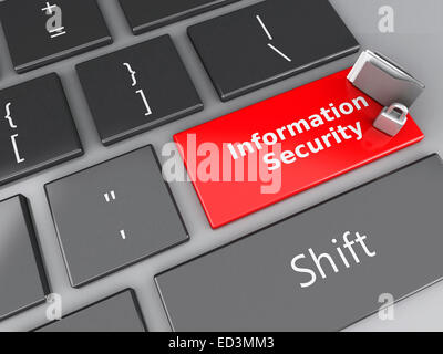 3D Renderer Abbildung. Vorhängeschloss, Ordner und Informationssicherheit am Computer-Tastatur geschlossen. Datenschutz-Konzept Stockfoto