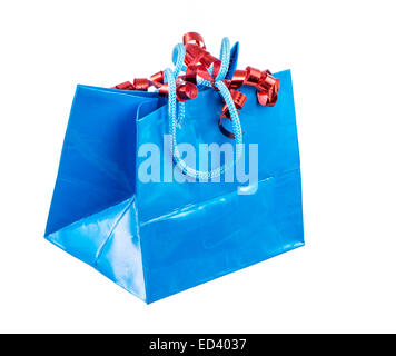 Isolierte blau vorhanden Tasche mit roten gewellten Band Stockfoto