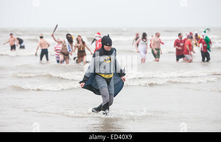 Carmarthenshire, Wales, UK. 26. Dezember 2014. In Pembrey Sands, Cefn Sidan, auf einem sehr kalten, windigen und mit starkem Regen zum 30. Geburtstag der Walross-Dip. Mutige Schwimmer ertragen die Elemente in verschiedenen Fancy Dress Kostüme für einen kurzen Sprung in den eiskalten Gewässern gekleidet. Carmarthenshire, Wales, UK. Bildnachweis: Paul Quayle/Alamy Live-Nachrichten Stockfoto