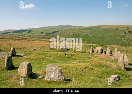 Die neun Steinen Kreis am Rande des Belstone Common, Dartmoor, Blick nach Westen in Richtung ja Tor und hohes Willhays Stockfoto