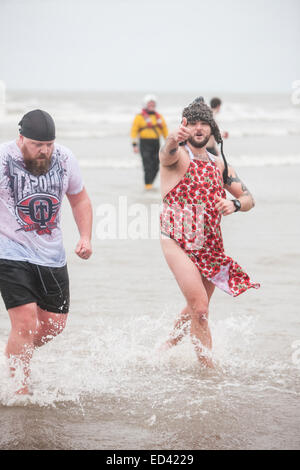 Carmarthenshire, Wales, UK. 26. Dezember 2014. In Pembrey Sands, Cefn Sidan, auf einem sehr kalten, windigen und mit starkem Regen zum 30. Geburtstag der Walross-Dip. Mutige Schwimmer ertragen die Elemente in verschiedenen Fancy Dress Kostüme für einen kurzen Sprung in den eiskalten Gewässern gekleidet. Carmarthenshire, Wales, UK. Bildnachweis: Paul Quayle/Alamy Live-Nachrichten Stockfoto