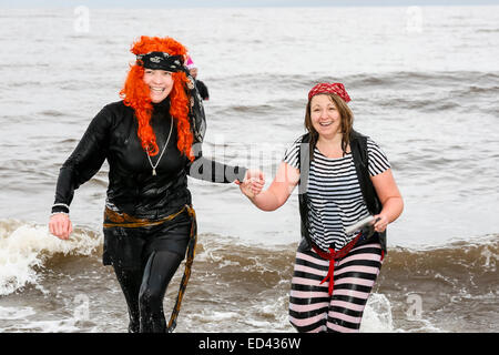 Prestwick, Schottland, Vereinigtes Königreich. 26. Dezember 2014. Die 9. jährliche Clic Sergent Weihnachtstag schwimmen tagte in Prestwick Strand, Ayrshire, in der Nähe des Hospizes. Dies zog über 200 Schwimmer, die viele in Fancy Dress Kostüme zum Strand von lokalen Piper Billy Kenny marschiert waren. Dieses Jahr war besonders kostspielig für Clicsergent, als während der jüngsten stürmen das Hospiz zweimal durch Blitzschlag verursacht mehr als £200.000 Wert von Schäden und Störungen zu kümmern getroffen wurde. Die Schwimmer hoffen, mehr als £25.000 durch Sponsoring zu erheben. Bildnachweis: Findlay/Alamy Live-Nachrichten Stockfoto