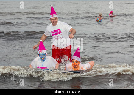 Prestwick, Schottland, Vereinigtes Königreich. 26. Dezember 2014. Die 9. jährliche Clic Sergent Weihnachtstag schwimmen tagte in Prestwick Strand, Ayrshire, in der Nähe des Hospizes. Dies zog über 200 Schwimmer, die viele in Fancy Dress Kostüme zum Strand von lokalen Piper Billy Kenny marschiert waren. Dieses Jahr war besonders kostspielig für Clicsergent, als während der jüngsten stürmen das Hospiz zweimal durch Blitzschlag verursacht mehr als £200.000 Wert von Schäden und Störungen zu kümmern getroffen wurde. Die Schwimmer hoffen, mehr als £25.000 durch Sponsoring zu erheben. Bildnachweis: Findlay/Alamy Live-Nachrichten Stockfoto