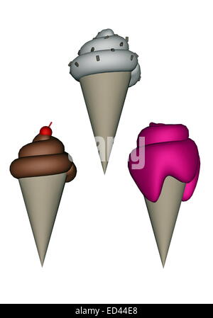 Eiscreme-Kegel von drei verschiedenen Geschmacksrichtungen in weißem Hintergrund Stockfoto