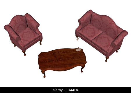 Rote Vintage Sofa und Sessel vor einem Holztisch im weißen Hintergrund Stockfoto