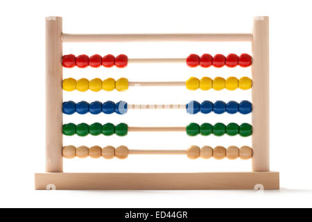 Hölzerne Abacus aufgeteilt auf weißem Hintergrund Stockfoto