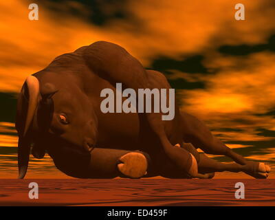 Big Bull auf dem Boden sterben in rotem Hintergrund Stockfoto