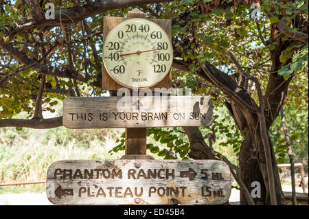 Erhitzen Sie Warnung bei Indian Gardens Campingplatz auf dem Wanderweg von Rand zu Rand in den Grand Canyon, Arizona, USA Stockfoto