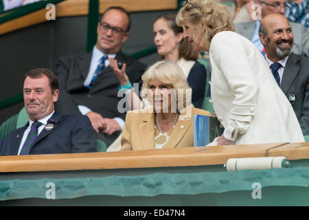 25.06.2014. die Wimbledon Tennis Championships 2014 statt in The All England Lawn Tennis and Croquet Club, London, England, UK. Allgemeine Ansicht. HRH die Herzogin von Cornwall ("Camilla") beobachtet das Djokovic Spiel von der königlichen Loge. Stockfoto