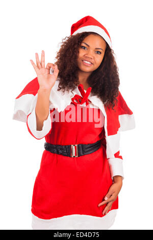 Young African American Trägerin À Weihnachtsmütze, isoliert auf weißem Hintergrund Stockfoto