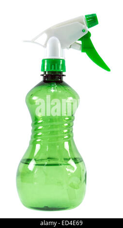Grüne Kunststoff-Sprühflasche isoliert auf weißem Hintergrund Stockfoto