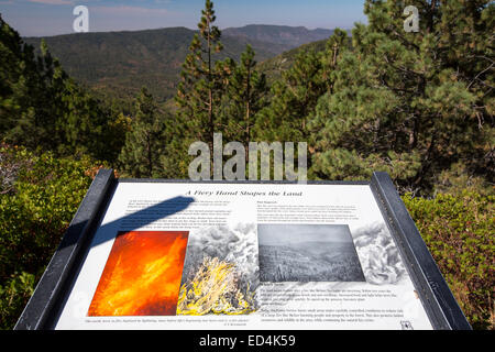 Eine Infotafel über Feuer im Sequoia Nationalpark, Kalifornien, USA. Stockfoto