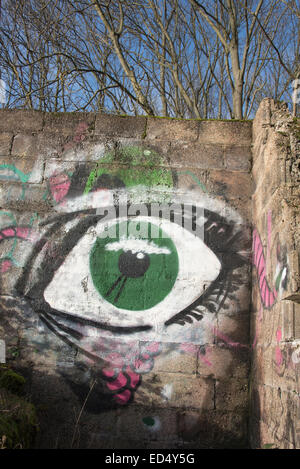 Graffiti in Form von einem grünen Auge auf den Ruinen einer WW2 defensive Struktur mit einigen Bäumen und blauen Himmel dahinter Stockfoto