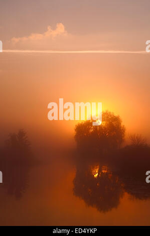 Unglaublich schöne Sonnenaufgang über dem See, nebligen Stockfoto