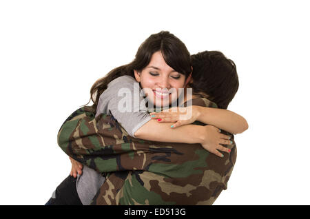 junger Militär Soldat kehrt zurück, um seine Frau Freundin treffen Stockfoto