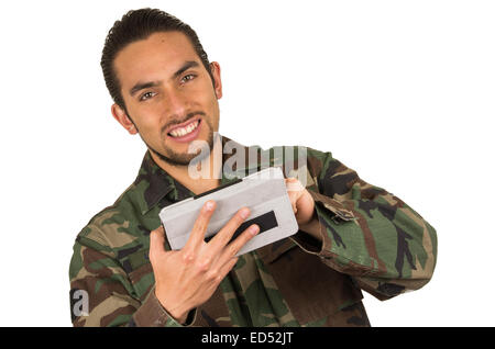 glücklich Jüngling in Militäruniform Stockfoto