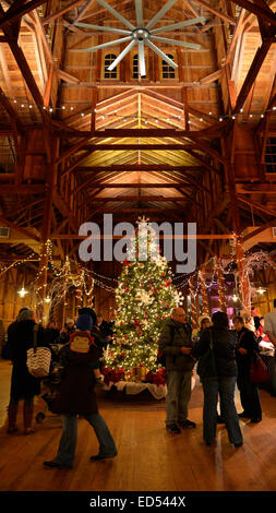 Alten Bethpage, New York, USA. 26. Dezember 2014. Eine große traditionelle 1866 geschmückten Weihnachtsbaum Baum unter der hohen Decke der Scheune Holz Pflock Turm in der Nacht, auf dem historischen, rustikalen Gelände der alten Bethpage Village Restaurierung, bei Kerzenschein und Weihnachtsschmuck in ein 19. Jahrhundert Urlaubserlebnis für Long Island Besucher verwandelt. Candle-Light-Abende sind bis zum 30. Dezember statt. Stockfoto