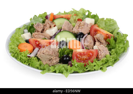 Thunfisch-Salat mit Tomaten, Karotten, Feta-Käse und Oliven in Schüssel Stockfoto