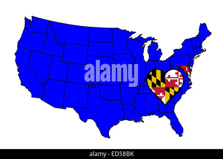 Umriss des Bundesstaates Maryland und Symbol einfügen Satz in einer Karte der Vereinigten Staaten von Amerika Stockfoto