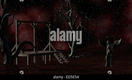 Engel des Todes - gruselige Hintergrund mit Galgen und Krähen in der Nacht mit gruseligen Bäume Stockfoto