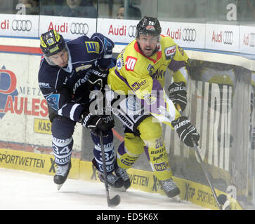 Ingolstadt, Bayern, Deutschland. 28. Dezember 2014. vom linken Benedikt KOHL/Ingolstadt, Josef PERRAULT/CAN/Krefeld. Deutsche Eishockeyliga, Spiel Tag 32. ERC Ingolstadt Vs Krefeld Pinguine. Ingolstadt, Saturn Arena, 03. Oktober, 2014.the Landesmeister Ingolstadt erhält am Ende des Jahres das Team von Krefeld, blieb bis jetzt unter die Erwartungen der Fans. © Wolfgang Fehrmann/Wolfgang Fehrmann/ZUMA Draht/Alamy Live News Stockfoto