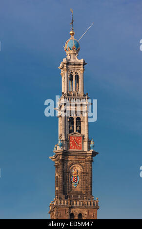 Amsterdam Westertoren Wester "Toren", Westerkerk Kirche Westturm, Ikone und Symbol für die Stadt und das Jordaan-Viertel. Stockfoto