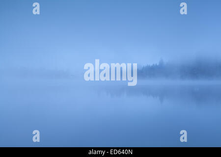 Dichter Nebel über See in den Alpen, Bayern, Deutschland Stockfoto