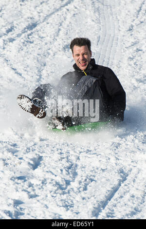 Karlsruhe, Deutschland. 28 Dez, 2014. Snow Fall post Weihnachten bringt Skifahrer und Rodler und ihre Haustiere. Dobel, Schwarzwald, Deutschland. Credit: Guy Bell/Alamy leben Nachrichten Stockfoto