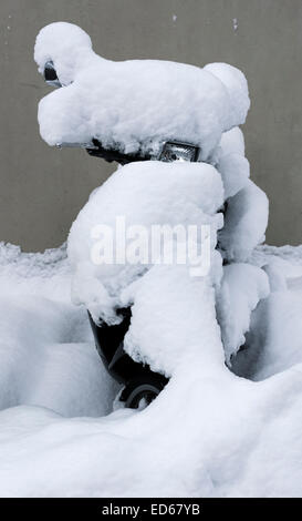 Zürich, Schweiz. 29. Dezember 2014. Eine schneebedeckte Vespa-Roller parkten auf einer Straße in Zürich. Bildnachweis: Erik Tham/Alamy Live-Nachrichten Stockfoto