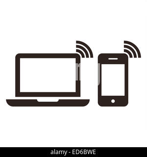 Laptop, Handy und wireless-Netzwerksymbol isoliert auf weißem Hintergrund Stockfoto