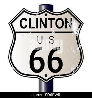 Clinton Route 66 Verkehrszeichen auf einem weißen Hintergrund und die Legende ROUTE 66 U.S. Stockfoto