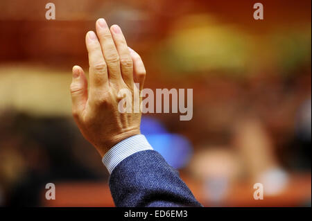 Detail-Aufnahme mit einer erhobenen Hand eine Abstimmung zum Ausdruck zu bringen Stockfoto