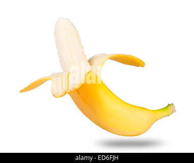 Geschälte reife Banane, Isolated On White Background Stockfoto