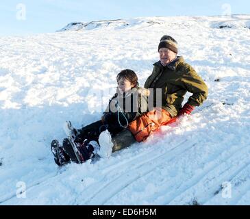 Lifestyle-Schuss älteres Ehepaar mit ihrem Enkel im Schnee Rodeln. Stockfoto