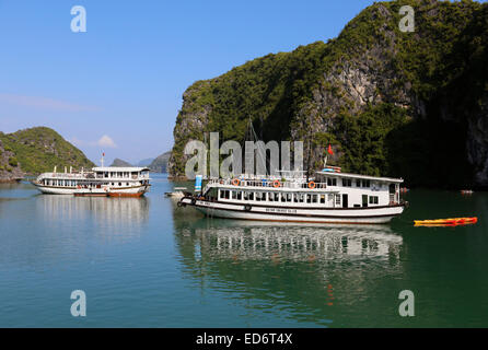 Ausflugsboote in Ha Long Bay vor der Küste von Vietnam Stockfoto